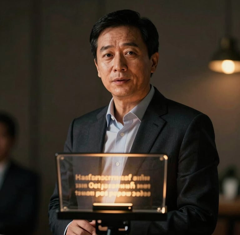 Cinematic portrait of an executive speaking confidently, a teleprompter glass reflecting glowing amber text in the foreground, moody chiaroscuro lighting with deep shadows and warm key lights.