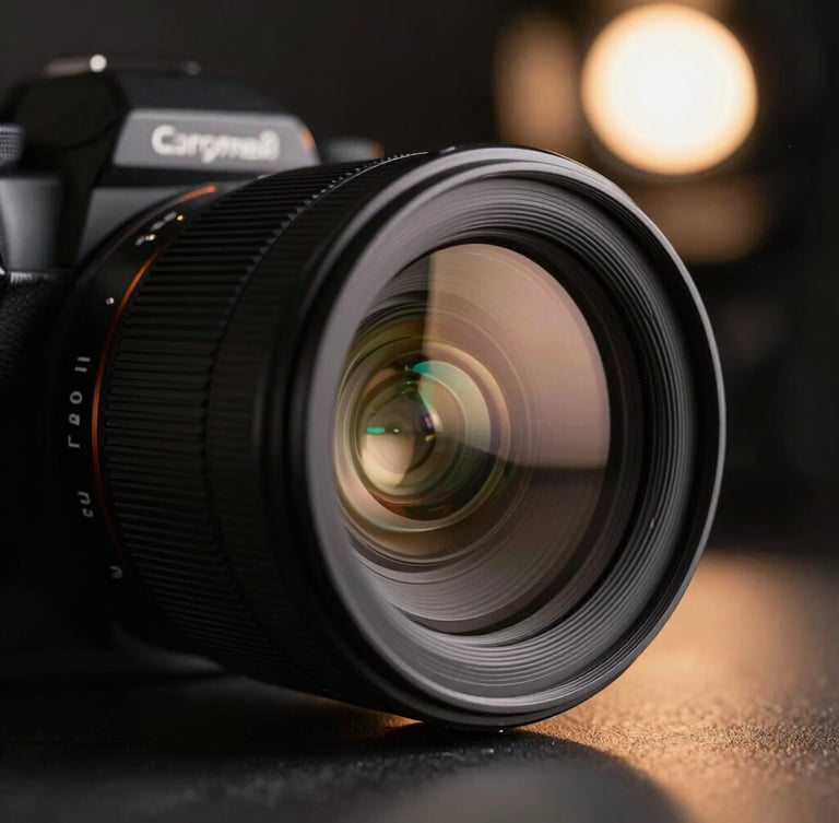 Cinematic close-up of a high-end camera lens reflecting warm studio lights, dark moody background, chiaroscuro lighting