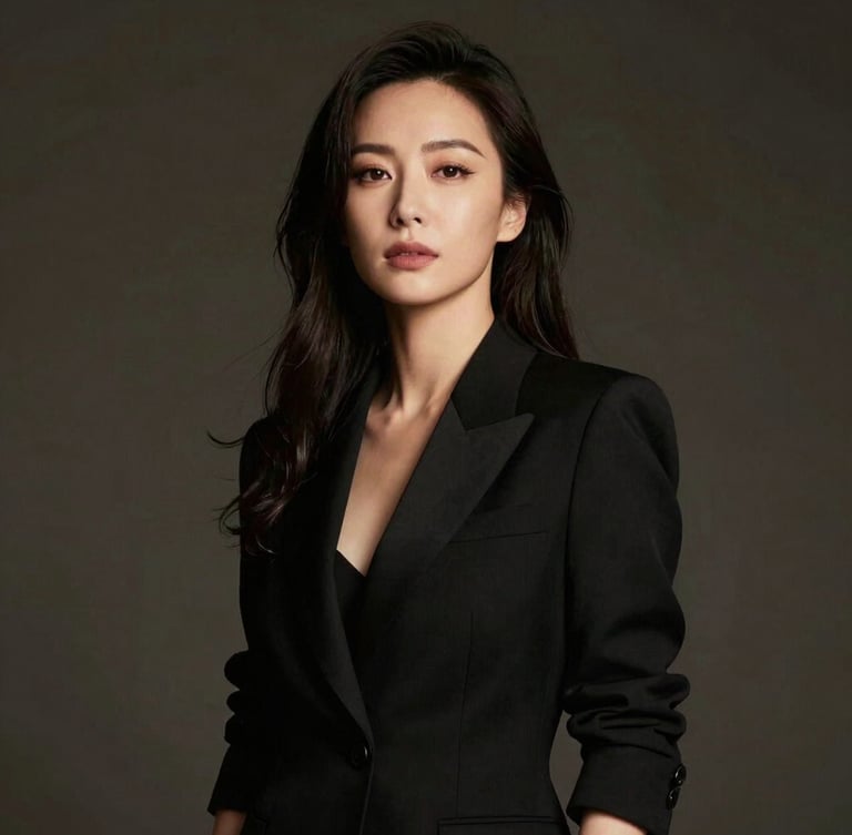 Dramatic portrait of an elegant woman in a tailored black blazer, warm chiaroscuro lighting, dark background, cinematic editorial composition.