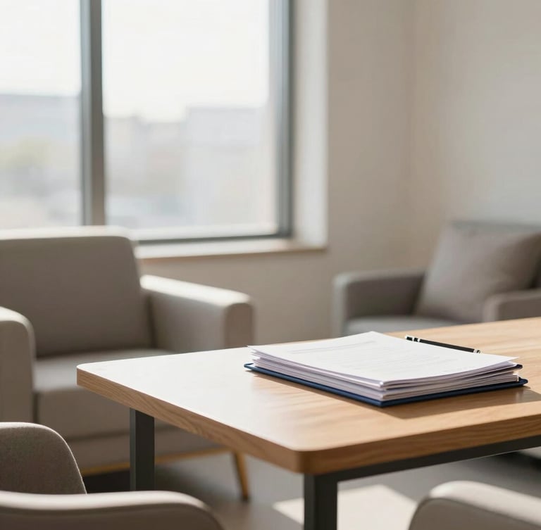 Warm editorial photography of a modern, sunlit consultation room with comfortable seating, soft morning light streaming through a large window, a neat wooden table with organized folders, representing a calm professional advisory setting, shallow depth of field, 35mm lens.
