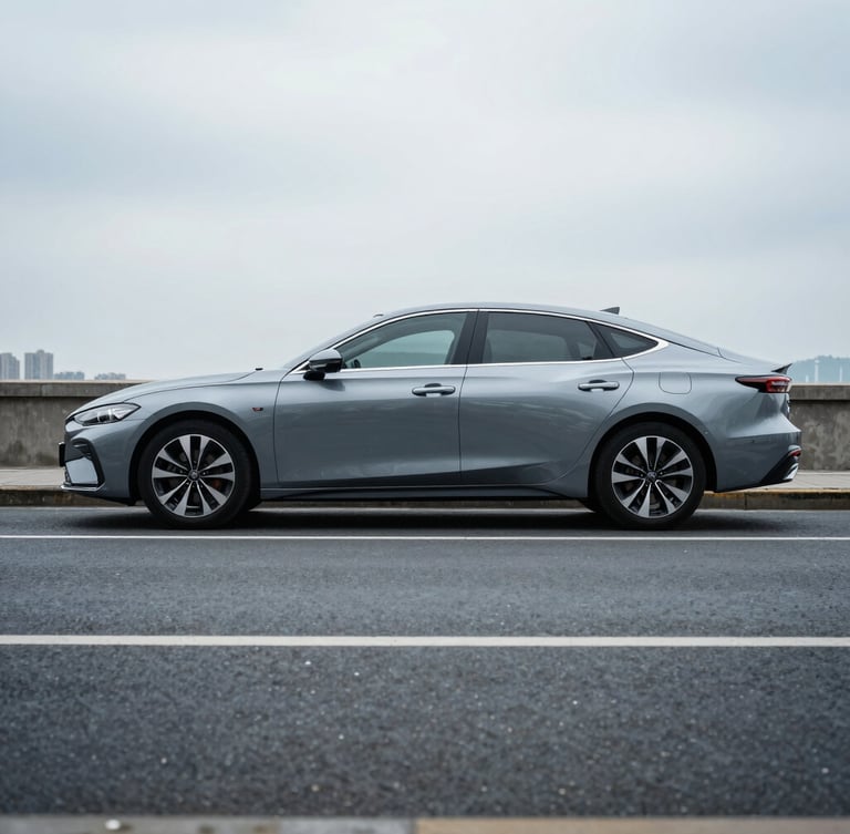 Wide panoramic street-level shot of a modern hybrid sedan parked under cool overcast daylight on a clean urban street, tight technical crop, negative space on the left.
