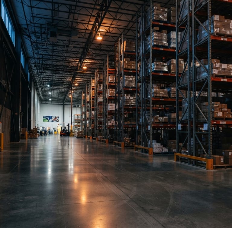 Low-angle wide shot of a modern architectural warehouse interior at cool twilight, clean concrete floors reflecting warm sodium lighting, high steel racks, negative space on left