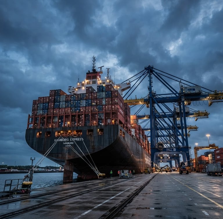 Low-angle heroic perspective of a massive container ship docked at a modern German port, cranes towering against a dramatic overcast twilight sky, cool steel tones.