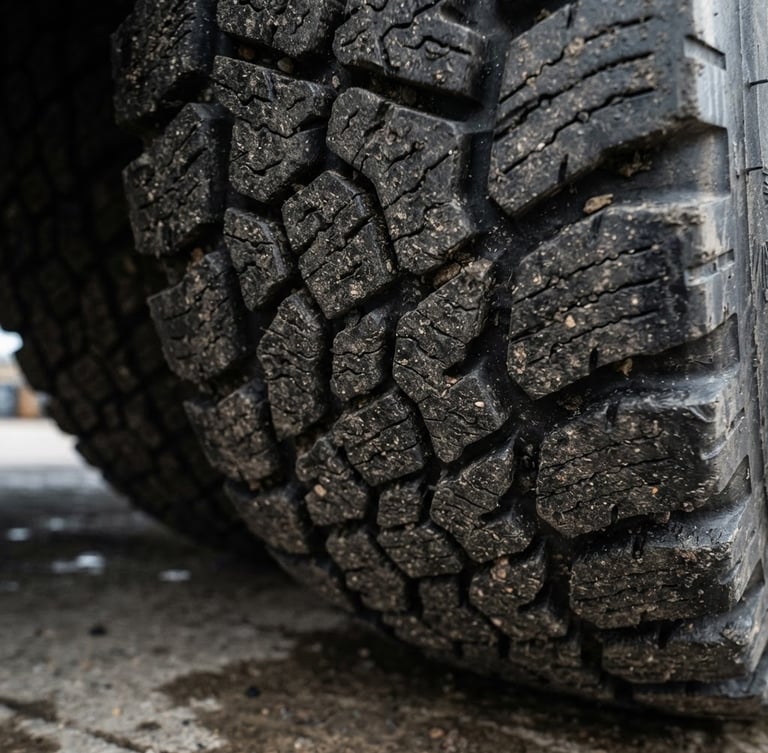 Low-angle close-up macro photography of a premium heavy-duty commercial tyre tread, deep grooves, sharp rubber details, dramatic cold overcast lighting, steel grey tones