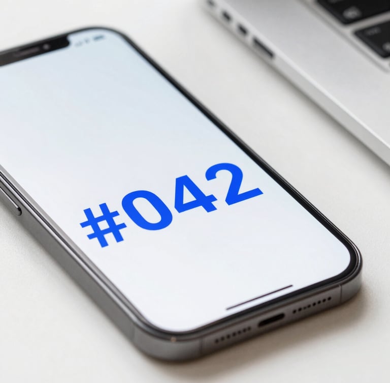 Close-up of a sleek smartphone screen displaying a bright blue 3-digit number '#042' in bold monospace, clean white desk background, bright studio lighting, sharp focus, high contrast, 50mm