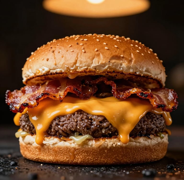 Macro low-angle shot of a massive dripping cheeseburger with melted cheddar and crispy bacon, dark gritty background, warm dramatic overhead lighting