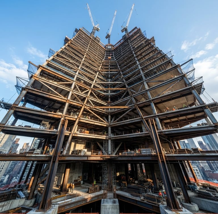 Low-angle architectural shot of a massive commercial steel skyscraper frame under construction, sharp morning daylight casting geometric shadows, deep depth of field.