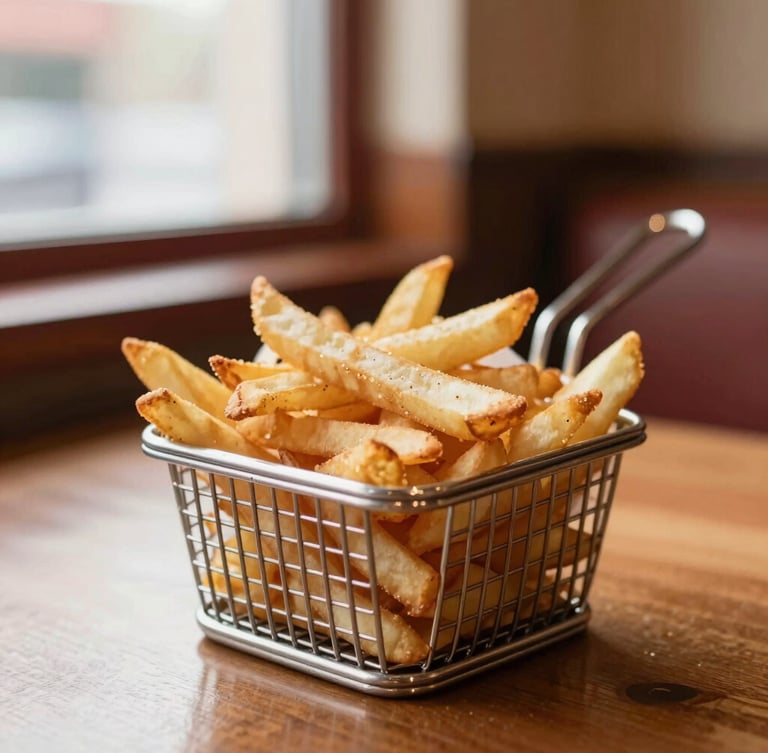 A close-up of golden hand-cut Idaho fries in a metal serving basket on a wooden table, warm ambient diner lighting, shallow depth of field