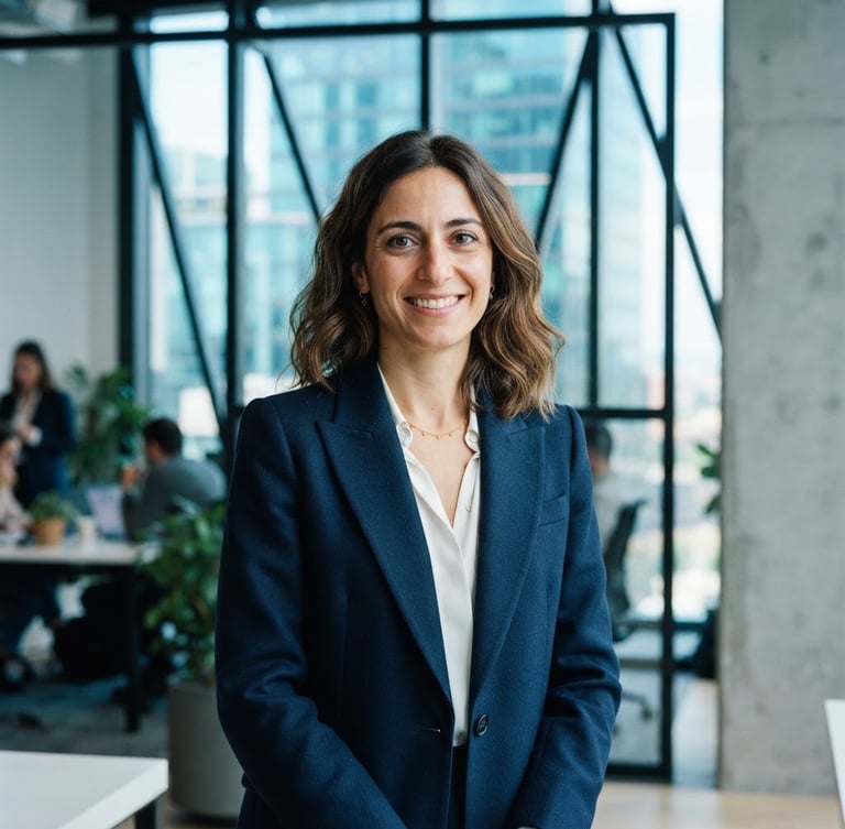 Professional editorial portrait of Ilaria Faravelli in a bright, modern office with geometric window frames. Crisp natural daylight with cool blue tones, direct eye contact, sharp focus, 35mm lens.
