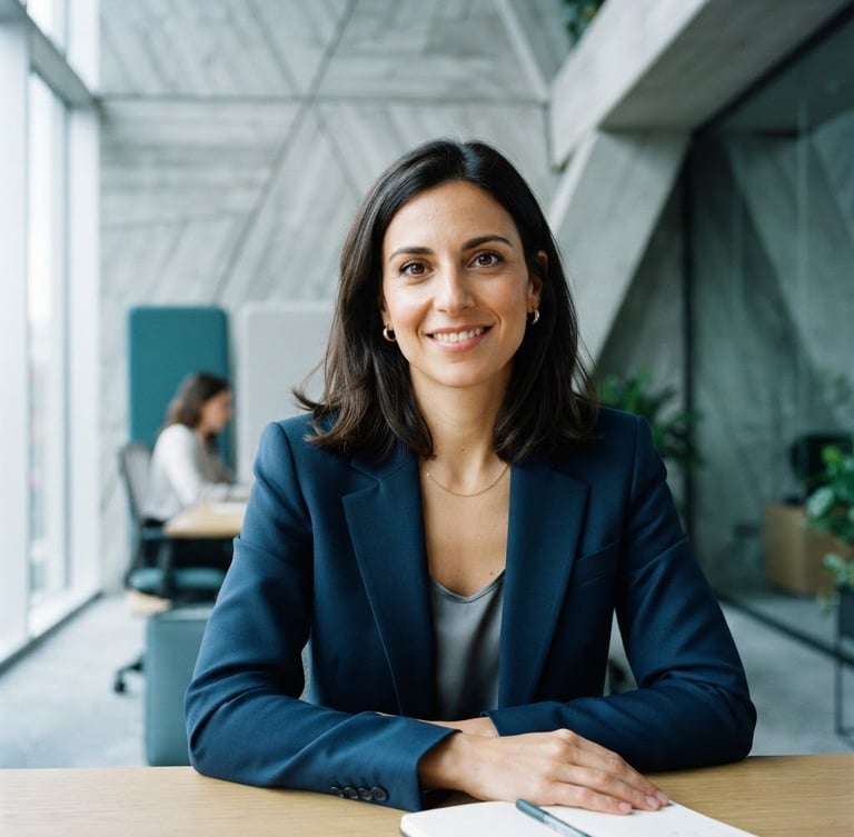 Crisp medium-close portrait of Ilaria, a professional woman, in a bright modern workspace with geometric concrete lines. Cool daylight, sharp focus, professional editorial photography, 35mm lens, looking directly at the camera.