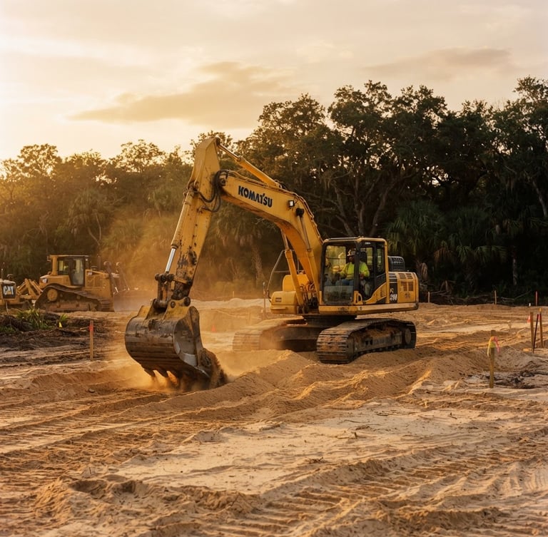 Wide panoramic of yellow heavy machinery operating with surgical precision on sandy Florida soil at golden hour, low-angle hero shot, dust motes visible, preserved native oak hammock in the background