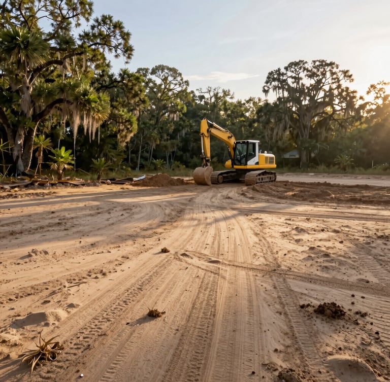 Wide shot of a recently cleared Florida homesite, native oak hammock preserved on one side, clean sandy soil, morning sun.