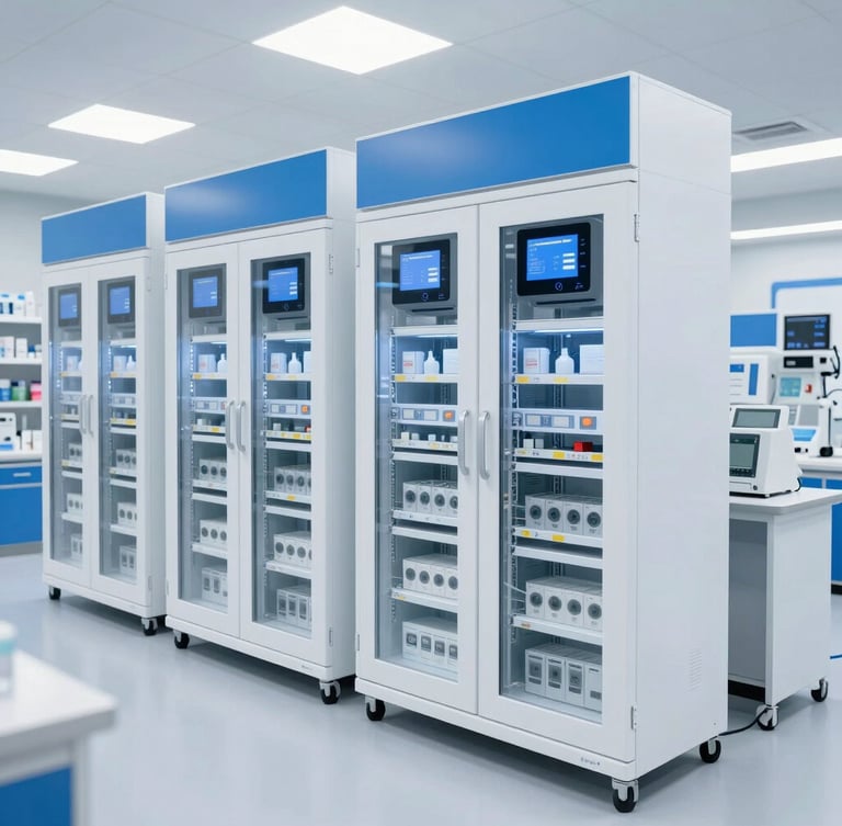 Vista amplia de un almacén farmacéutico moderno con estanterías industriales limpias y control de temperatura automatizado, iluminación clínica blanca y azul.