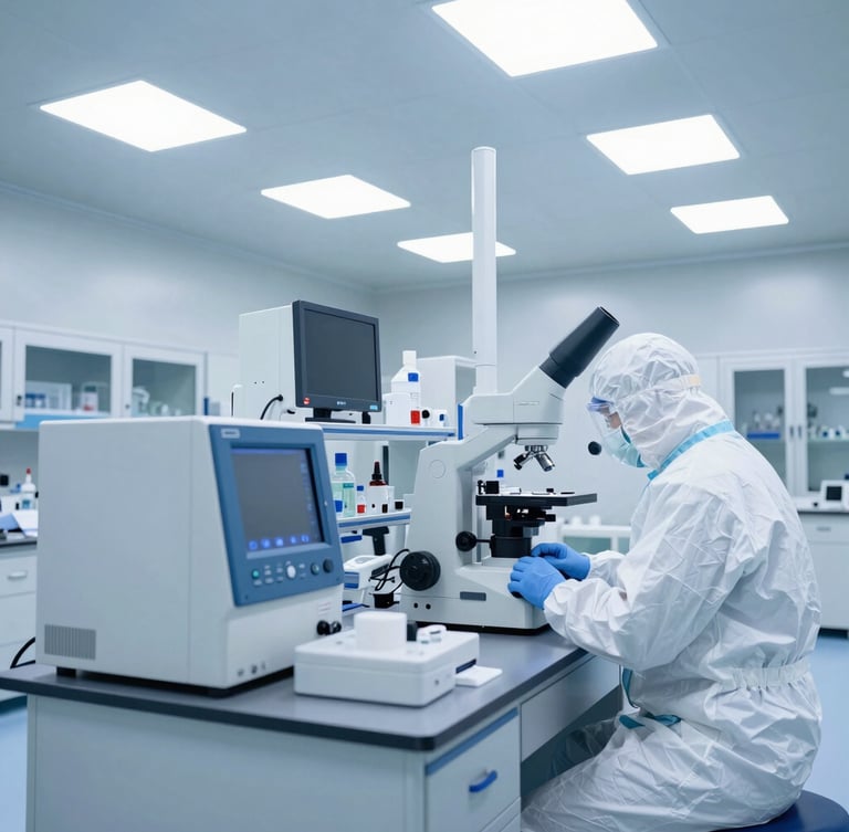 Wide shot of a sterile, high-tech pharmaceutical cleanroom with clinical blue and white lighting, precise laboratory equipment, and a scientist in protective gear.