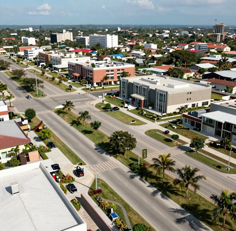 Wide environmental shot of a master-planned regional development under bright natural daylight in Cebu, showing clean infrastructure lines and progressive urban planning.