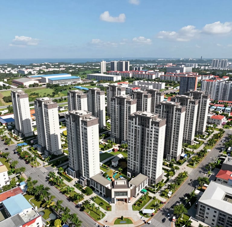 High-angle panoramic view of modern master-planned housing development in Cebu under bright, clear daylight, showcasing structured layout and green spaces.