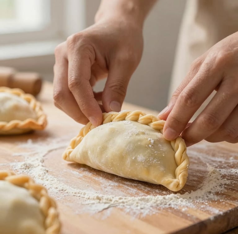 Close-up portrait of hands carefully crimping the edges of an unbaked empanada on a flour-dusted wooden surface, warm side lighting, shallow depth of field.