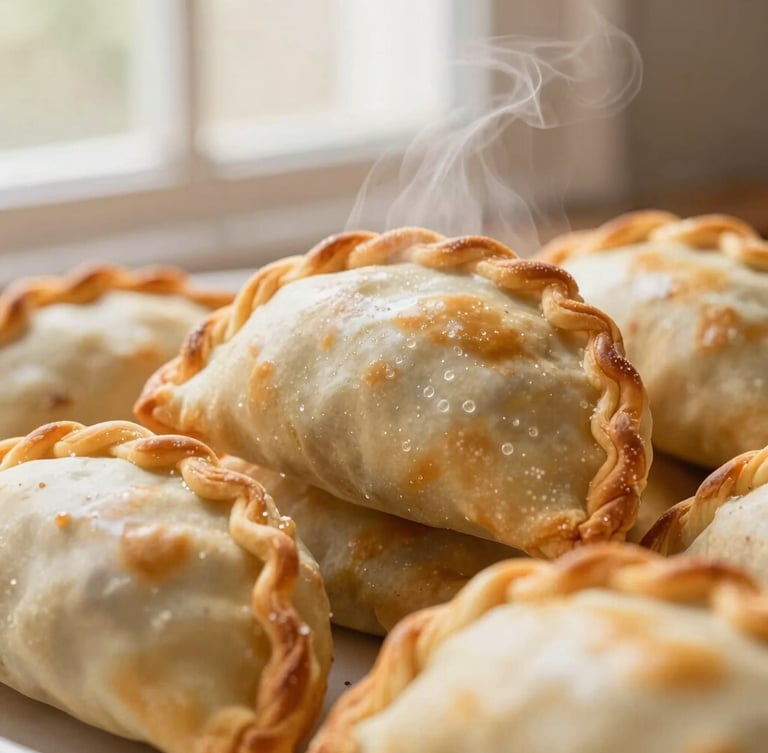 Close-up of golden-brown empanadas showing texture and steam, warm morning window light, rich cream and golden tones, shallow depth of field