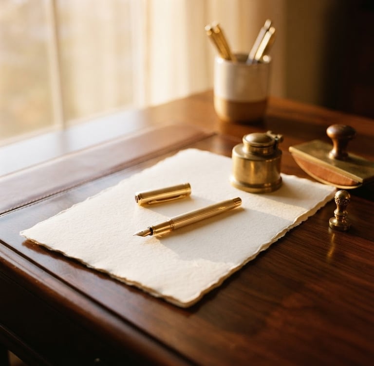 Elegant textured paper, brass details, and a gold-plated pen on a polished dark wood desk, warm golden-hour window light, shallow depth of field, 35mm