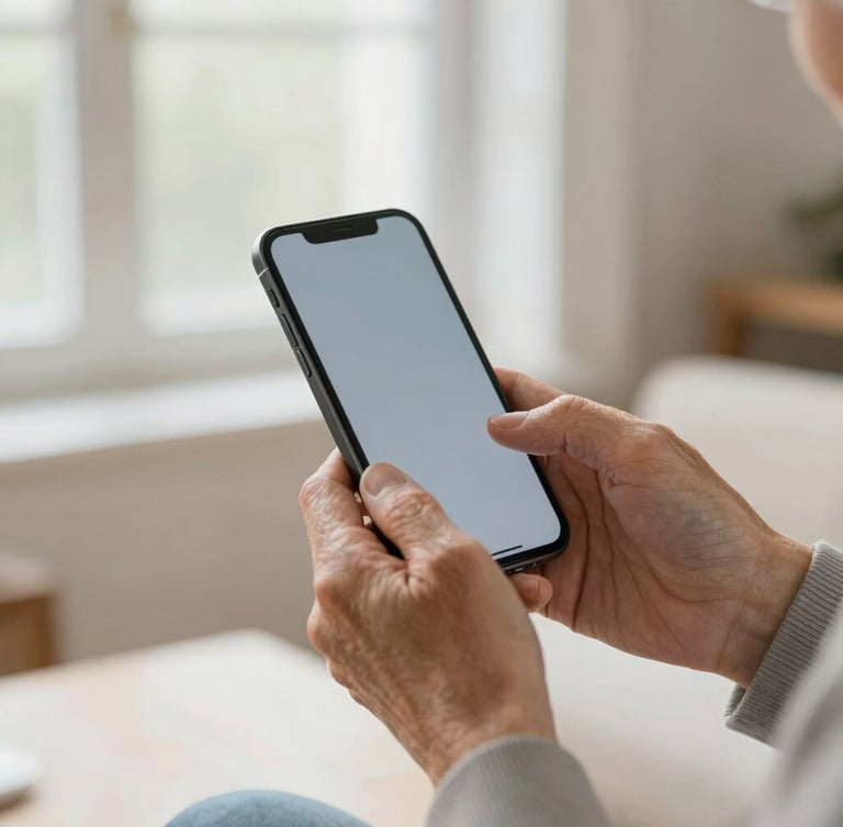Close-up of senior hands holding a modern smartphone, soft natural daylight from a window, clean domestic setting, warm editorial photography, 35mm lens
