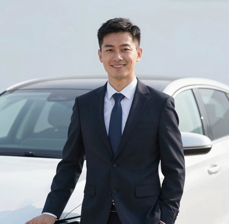 A professional chauffeur portrait, smiling warmly in a dark tailored suit, standing beside a clean luxury vehicle, soft morning daylight, 50mm lens.