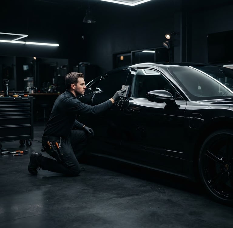 A professional detailer meticulously applying Profound Window Film to the side window of a black Porsche Taycan in a high-end, dark studio workshop, with sharp silver reflections on the car's body and film edge, cinematic wide shot.