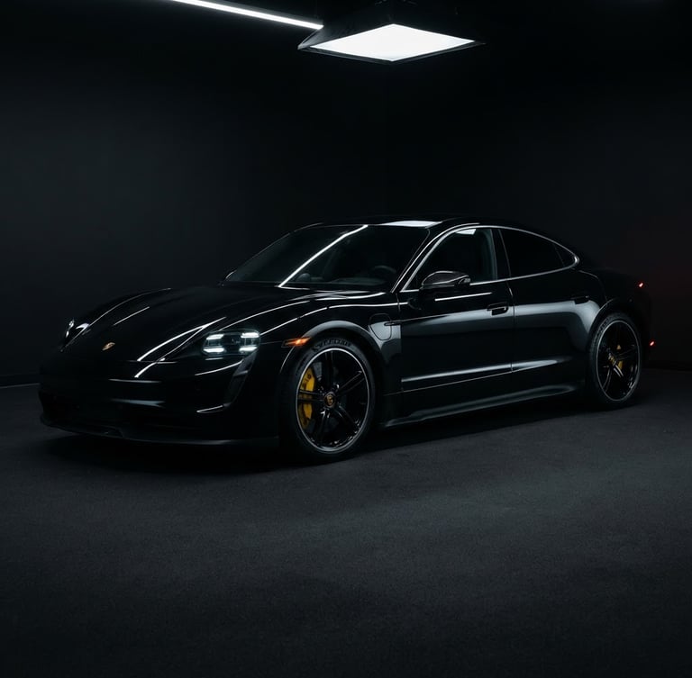 Wide studio shot of a black Porsche Taycan with darkly tinted windows, sharp silver reflections on the body, matte black background, dramatic low-key lighting.