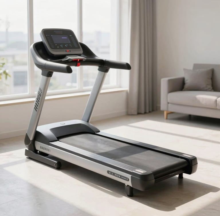 Medium environmental shot of a compact, modern treadmill folded neatly in a sunlit apartment living room, bright daylight, soft shadows, 35mm.