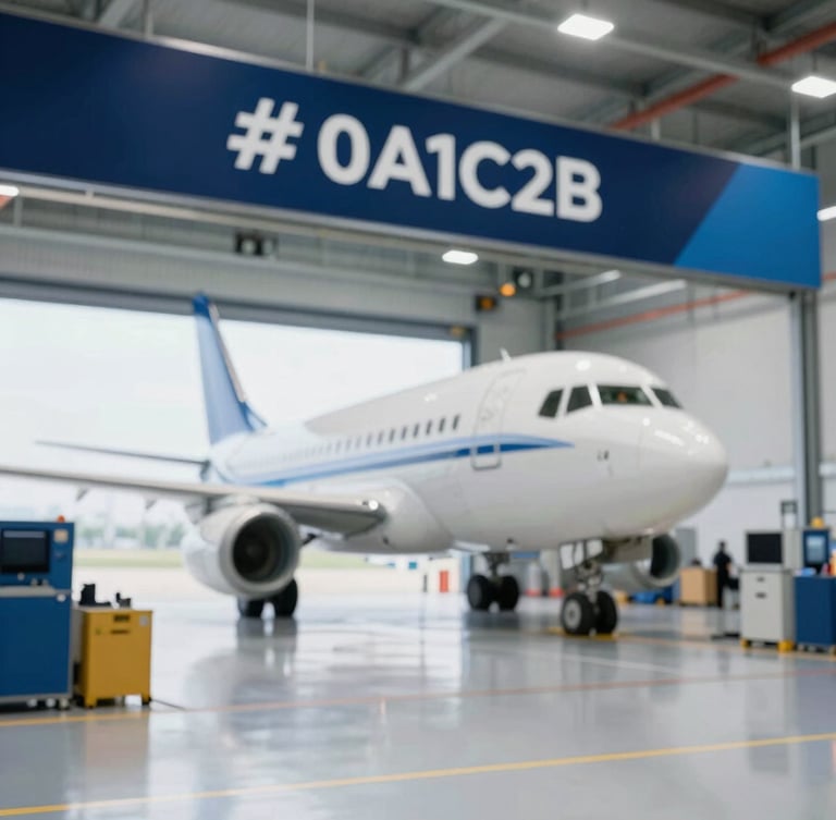 A sophisticated wide shot of a modern aircraft maintenance hangar, very clean and organized with precision tools visible. Lighting is bright and professional, incorporating the brand's navy (#0A1C2B) and blue (#2B4A6B) tones in the industrial floor and equipment. High-quality, sharp focus.