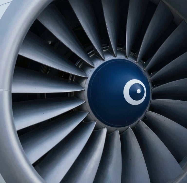 A close-up, high-tech shot of a jet engine turbine or a high-precision aerospace component. The lighting is cinematic with subtle metallic reflections. The color palette emphasizes deep blues (#0A1C2B) and cool greys (#F2F4F7), conveying innovation and meticulous engineering.