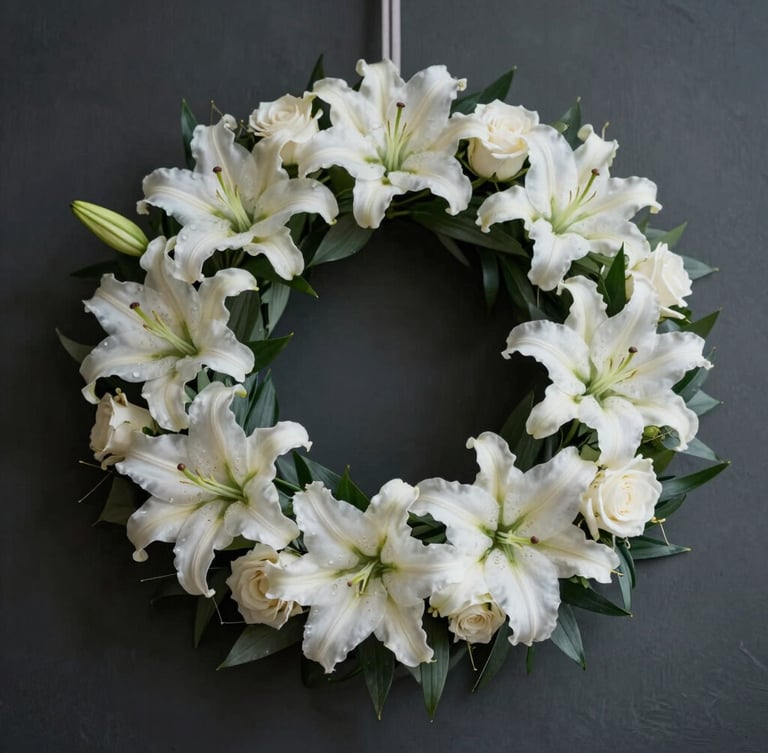 Elegant moody photography of white lilies and roses in a structured funeral wreath, soft diffused overcast light, muted dark slate background, shallow depth of field, 35mm