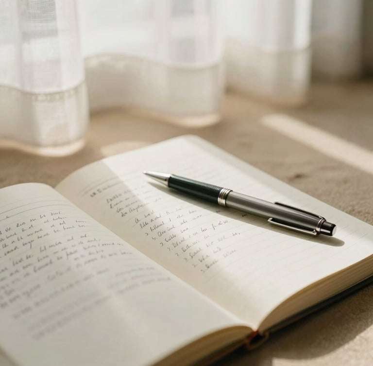 A close-up of an open paper notebook with handwritten clinical notes, an elegant pen resting on the page, soft morning light filtering through linen curtains, warm sand tones.