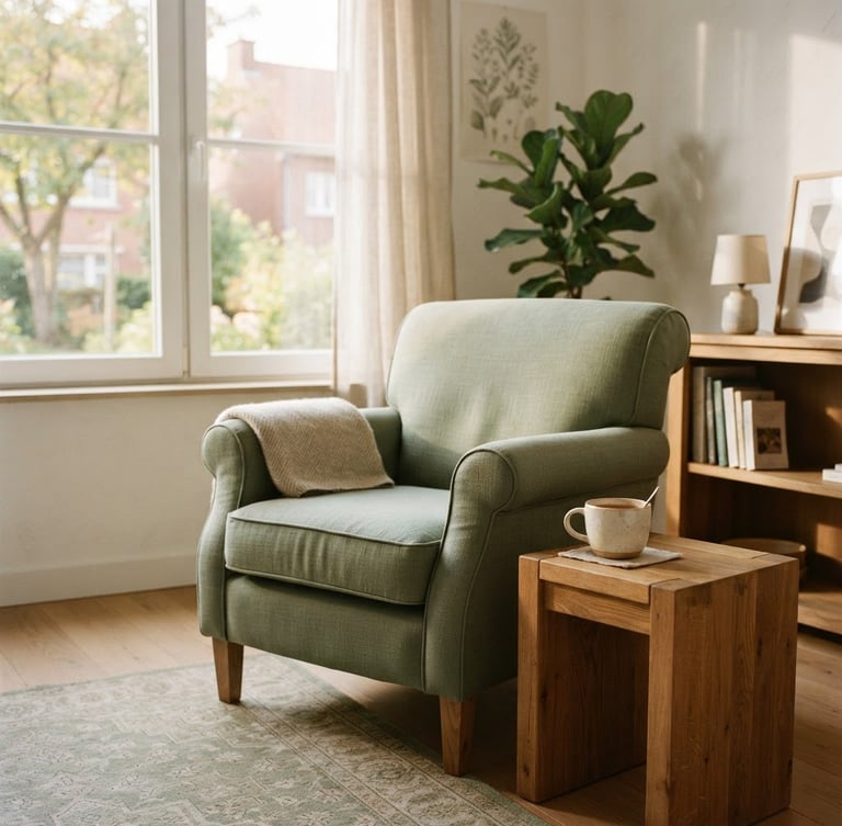 A bright, sunlit consulting room in Lambersart with soft sage green accents, a comfortable linen armchair, a ceramic cup on an oak side table, diffused afternoon daylight, warm editorial style, shallow depth of field, 35mm film.