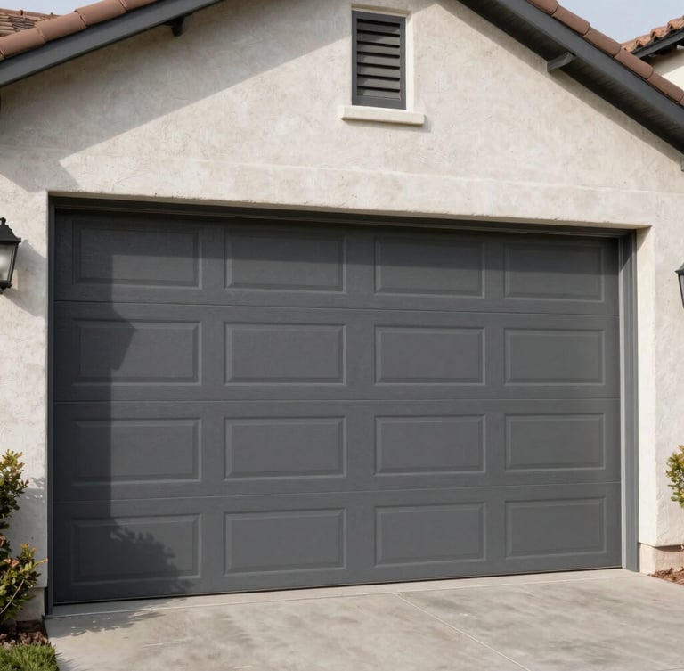 Straight-on medium shot of a clean, modern charcoal gray sectional garage door installed on a stucco Sacramento home, bright natural afternoon daylight, sharp shadows.