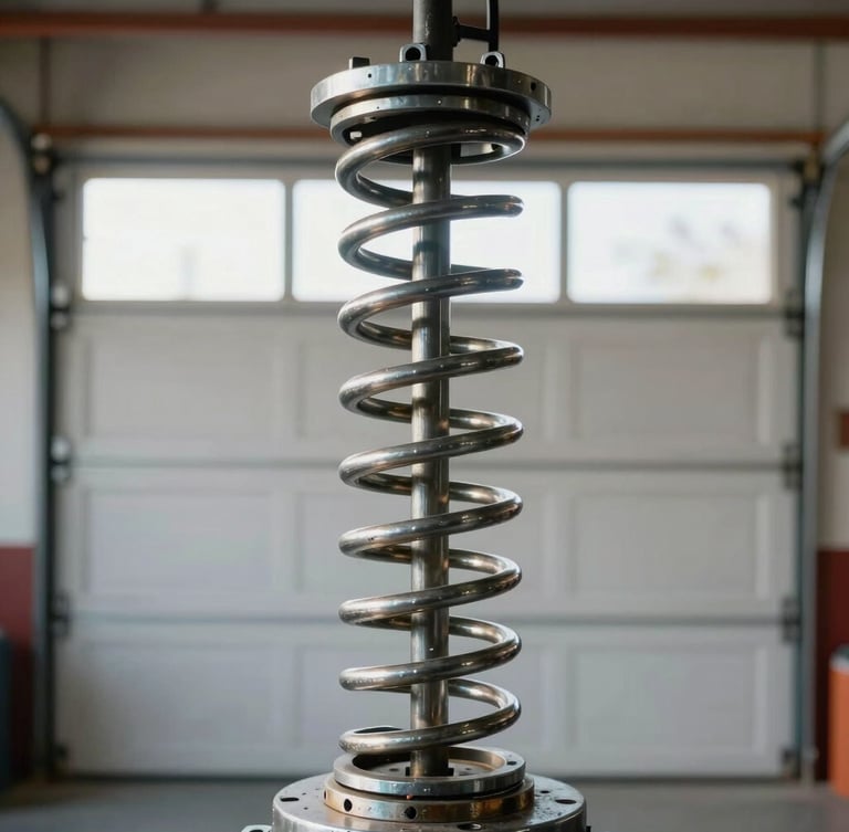 Straight-on close-up of a heavy-duty steel torsion spring mounted above a clean garage door, bright natural Sacramento daylight, sharp details of the metal coils.