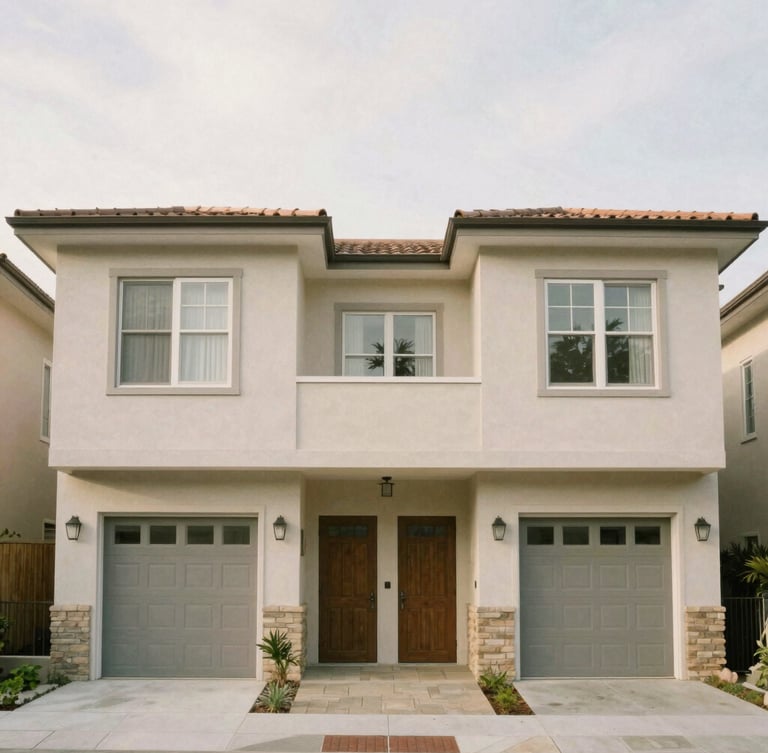 A straight-on architectural exterior shot of a clean, well-maintained residential duplex with soft overcast daylight, muted realistic tones, 35mm lens.