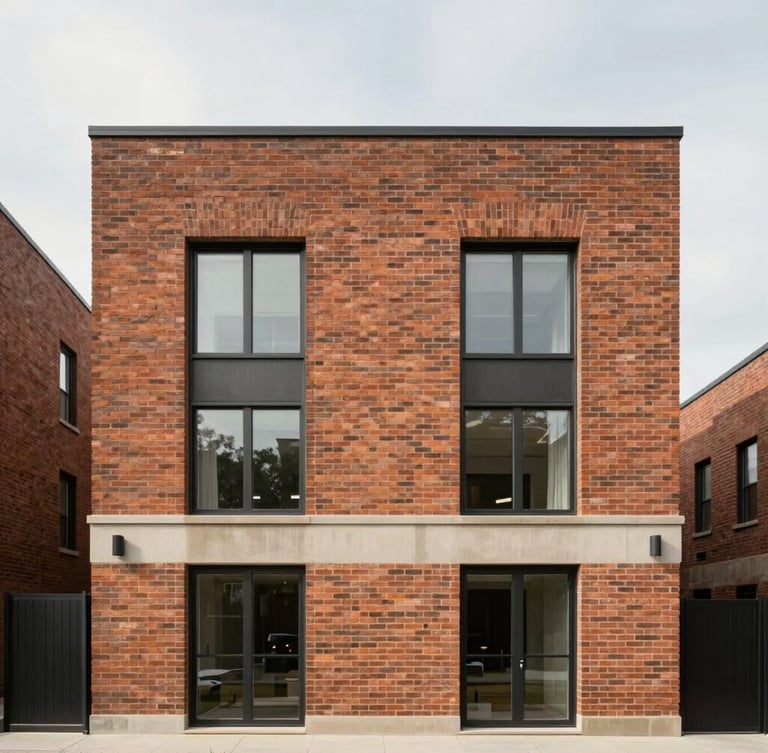 Straight-on architectural photograph of a modern brick duplex under soft overcast daylight, clean lines, professional real estate composition, muted realistic tones