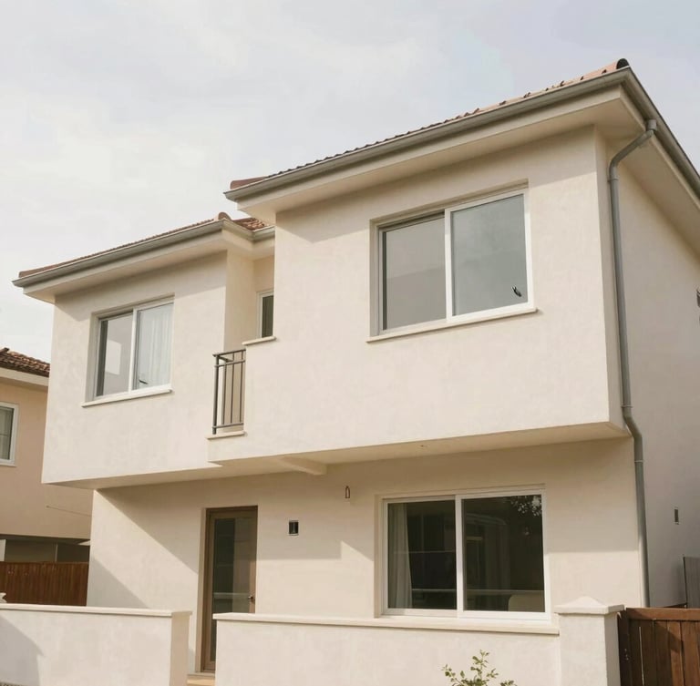 A bright, warm residential duplex exterior under natural overcast daylight, clean architectural lines, 35mm lens