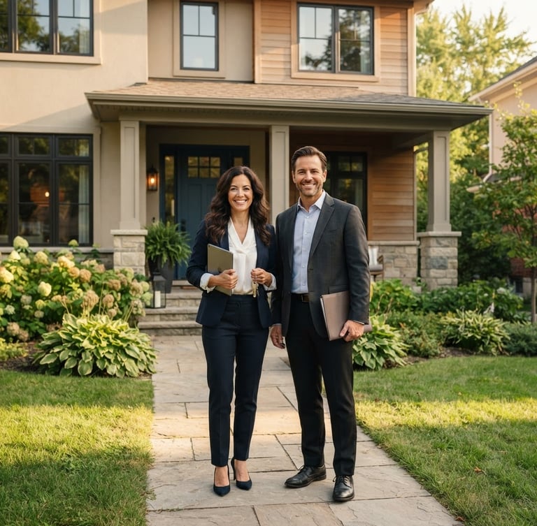 A professional, warm portrait of real estate advisors standing in front of a clean residential property, soft natural late-afternoon daylight, 35mm lens, realistic tones.