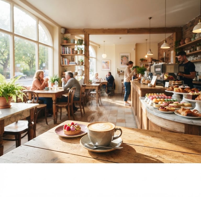 Wide panoramic shot of a sunny cafe interior with sunlit wooden tables, colorful pastel pastries on display, and steam rising from a freshly poured coffee, shallow depth of field, warm cream and pastel tones, natural morning daylight.