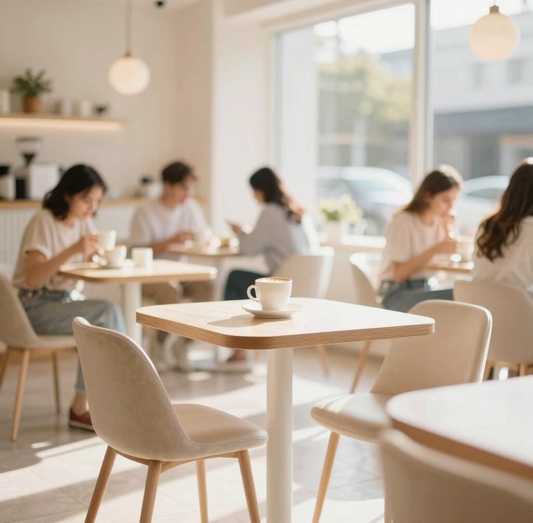 Bright, sunlit interior of a modern cafe with warm cream and pastel tones, comfortable seating, and a few customers enjoying coffee, shallow depth of field, natural daylight.