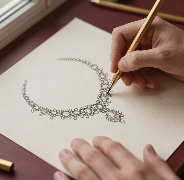 A close-up overhead shot of an artisan's hands sketching an intricate bridal necklace design on textured cream paper, gold pencils, warm side-lighting from a window, 35mm.
