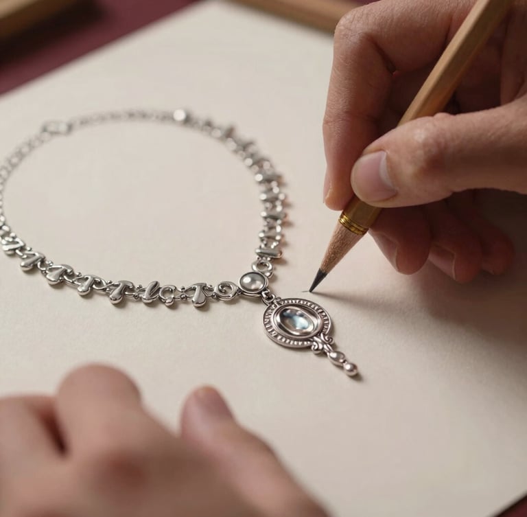 Macro close-up of hands of an artisan sketching a custom bridal necklace design on paper, warm directional side-lighting, metal textures and pencils visible