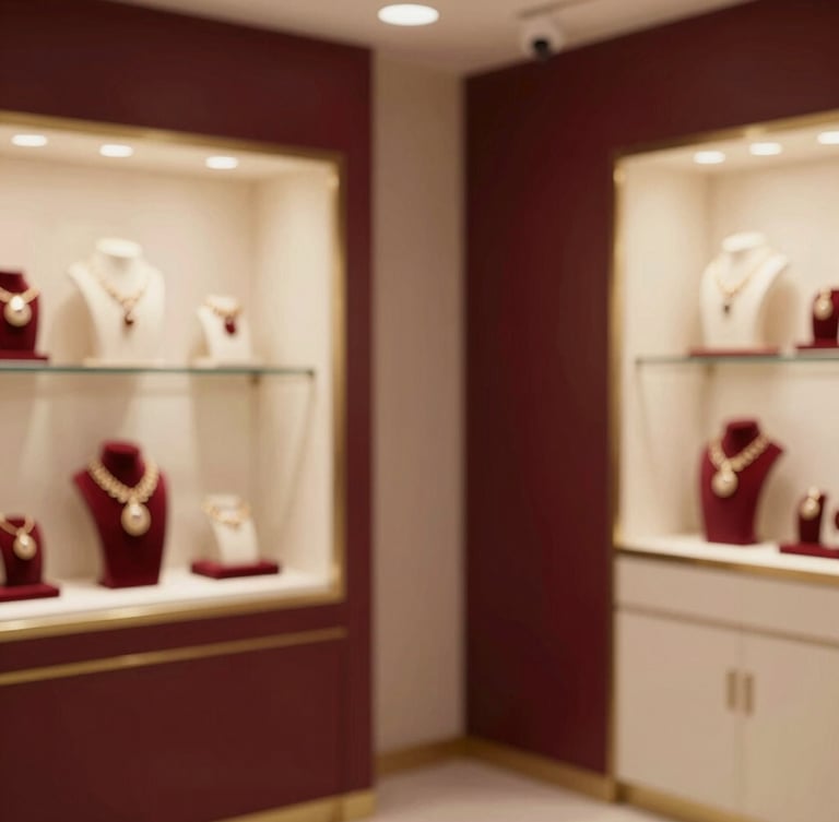 A warm editorial photograph of an elegant jewelry showroom interior in Gurugram, soft side-lighting, rich maroon and cream tones, macro detail, shallow depth of field, 35mm