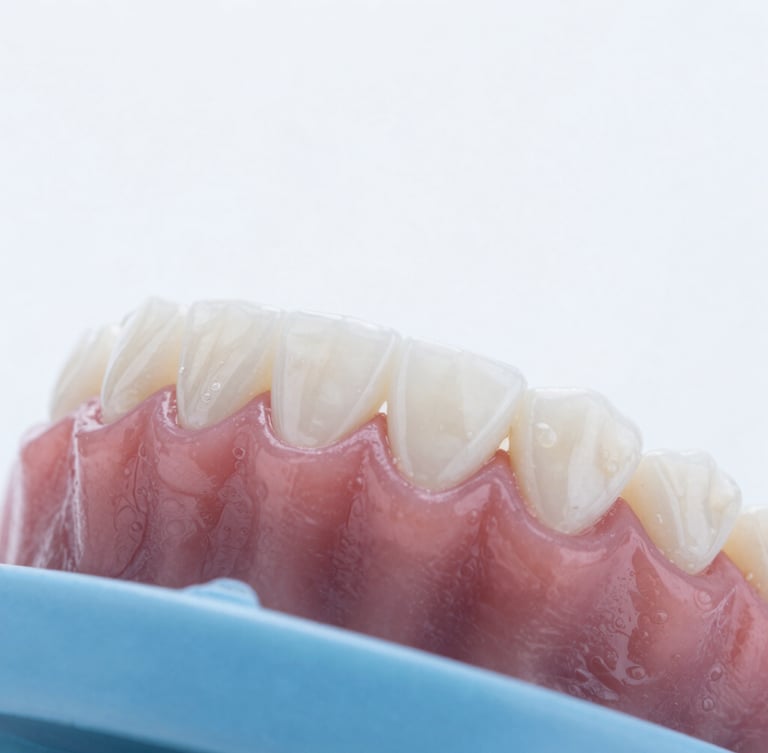 Macro photograph of healthy pink gums and clean white teeth, bright high-key clinical photography, soft white daylight, professional dental setting.