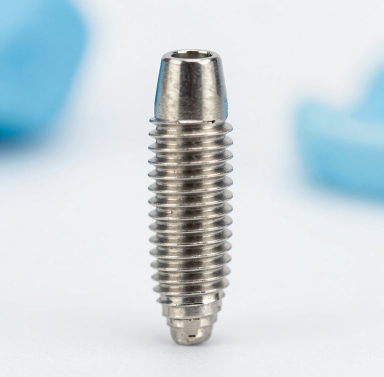 Macro close-up of a high-tech titanium dental implant fixture, clean white background, bright clinical daylight, soft blue accents, sharp focus.