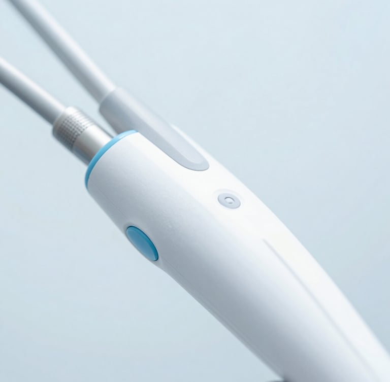 Bright high-key clinical photography, close-up of modern dental diagnostic equipment on a clean light blue background, soft white daylight