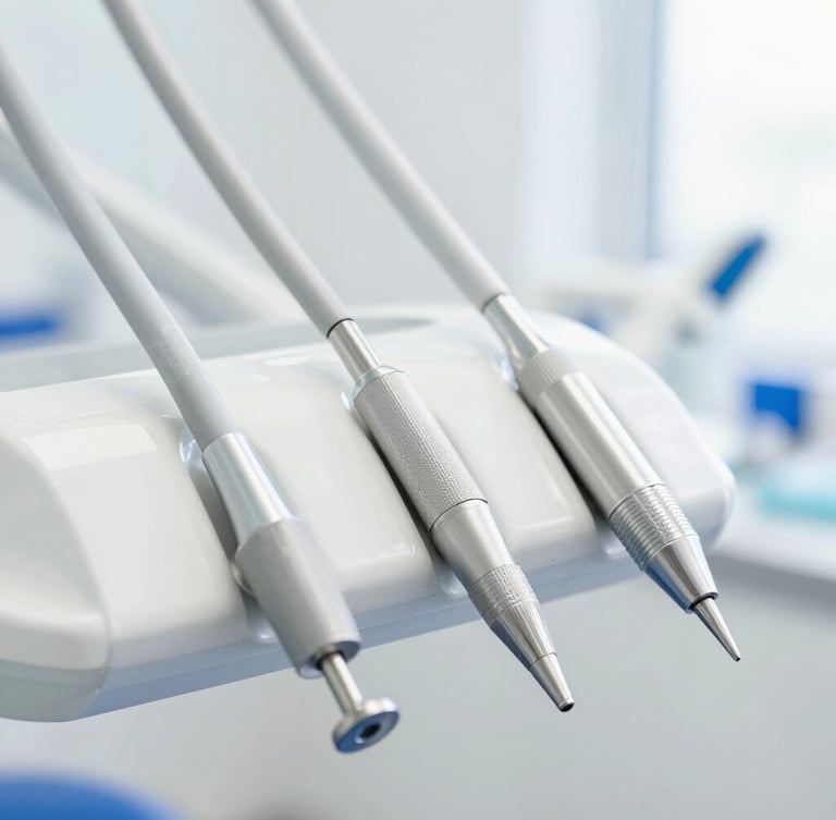 Macro close-up of modern dental equipment in a bright, high-key clinic, soft blue accents, sterile daylight, sharp professional focus