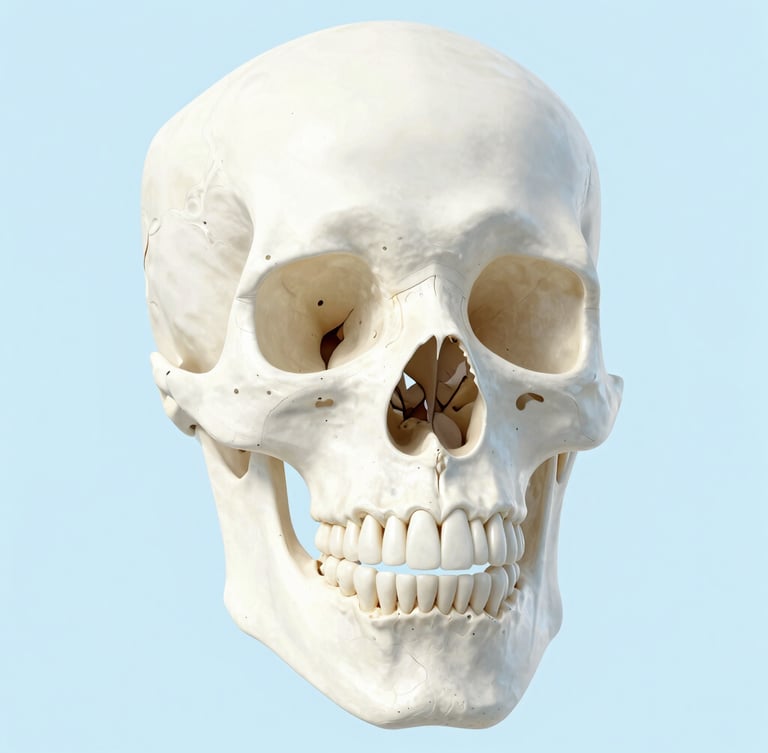 Anatomical clean 3D render of a human jawbone showing healthy bone structure contrasted with a localized bone loss area, sterile light blue backdrop, bright daylight.