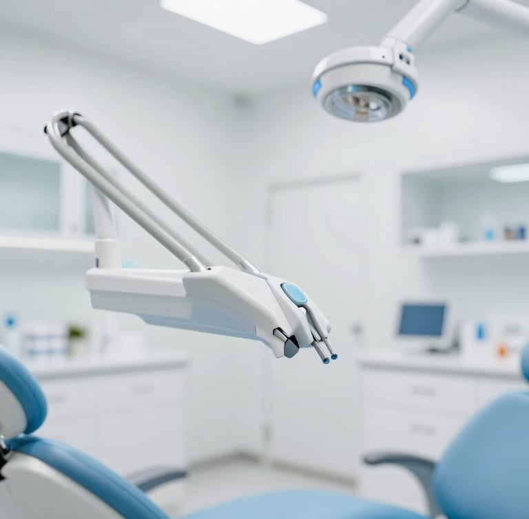 Bright high-key clinical photography of a modern dental clinic interior, soft white daylight, clean light blue accents, sharp macro focus